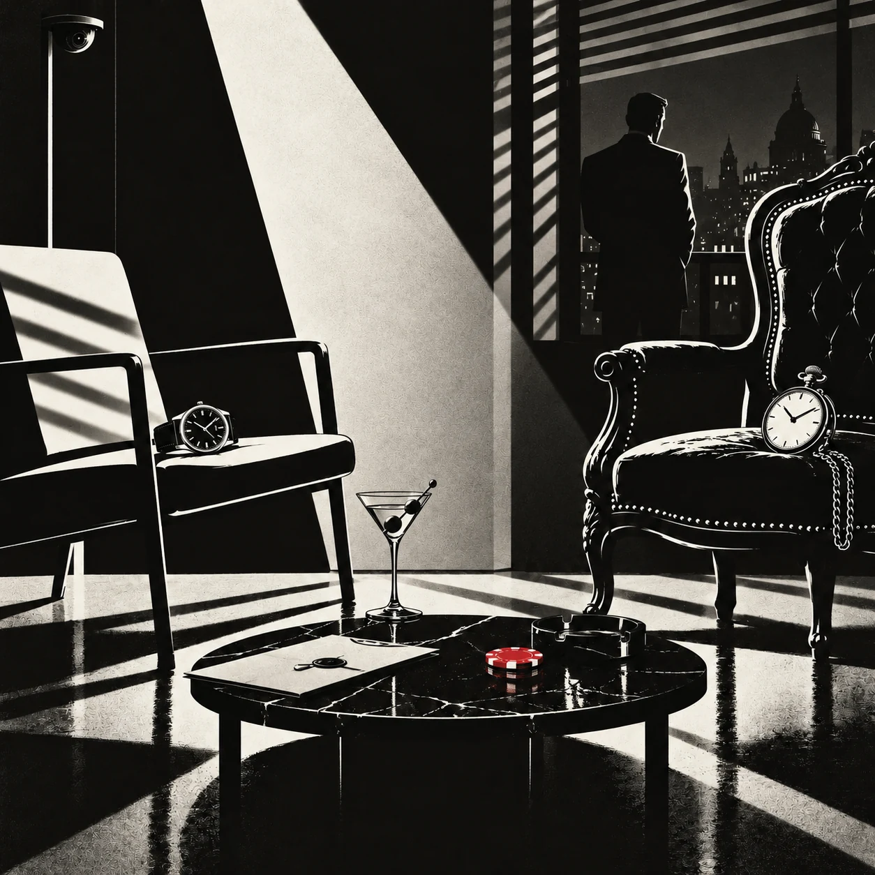 Black-and-white spy-film illustration of two chairs, watches, a martini and a silhouetted figure, with one red casino chip.