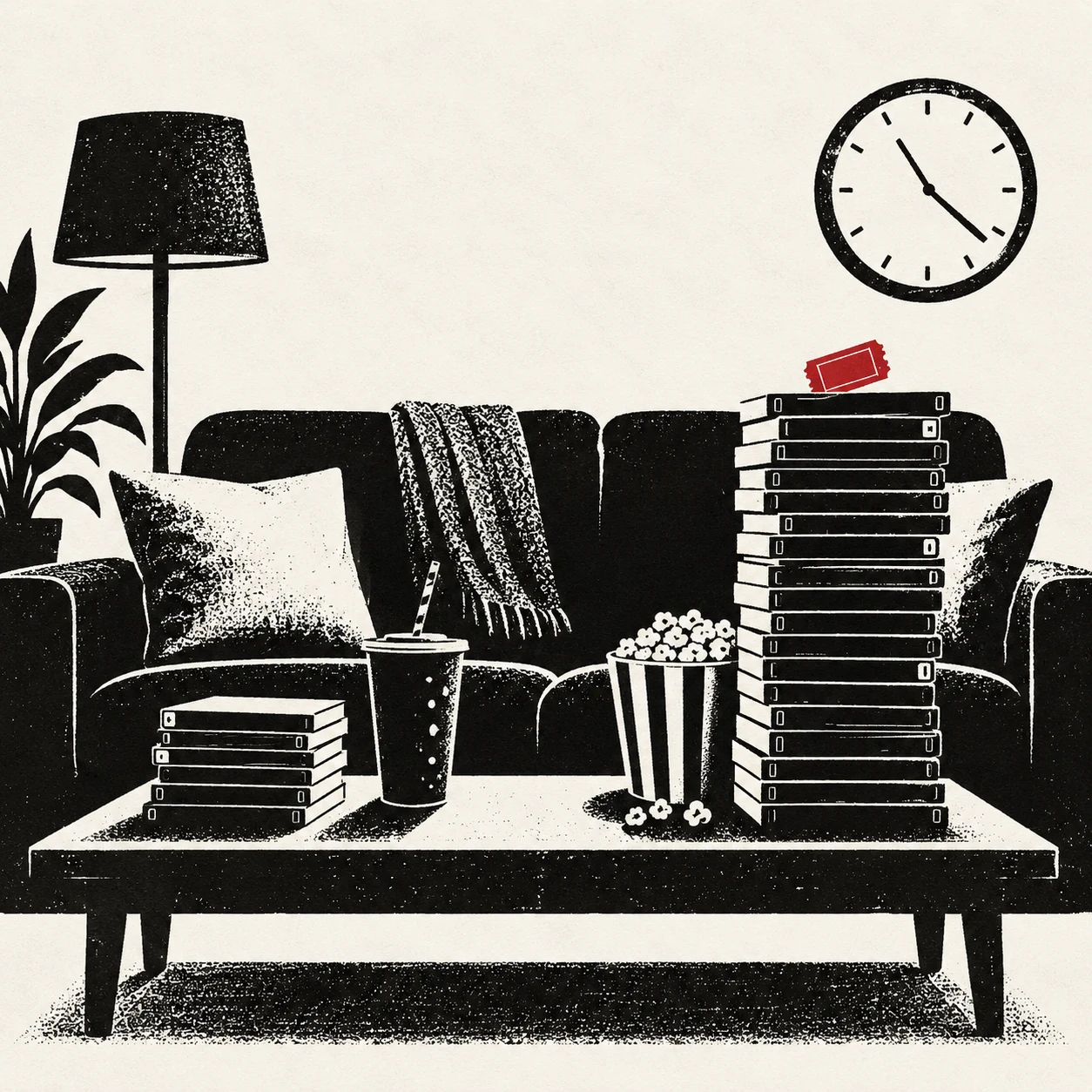 Black-and-white stencil illustration of a film-night sofa, popcorn and two stacks of film cases, with one red cinema ticket.