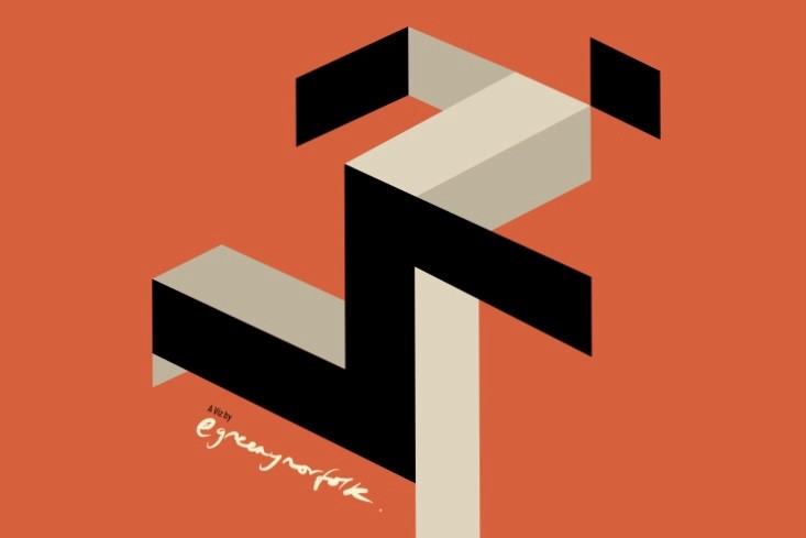 Bauhaus-inspired running figure constructed from black and cream geometric shapes on an orange background.