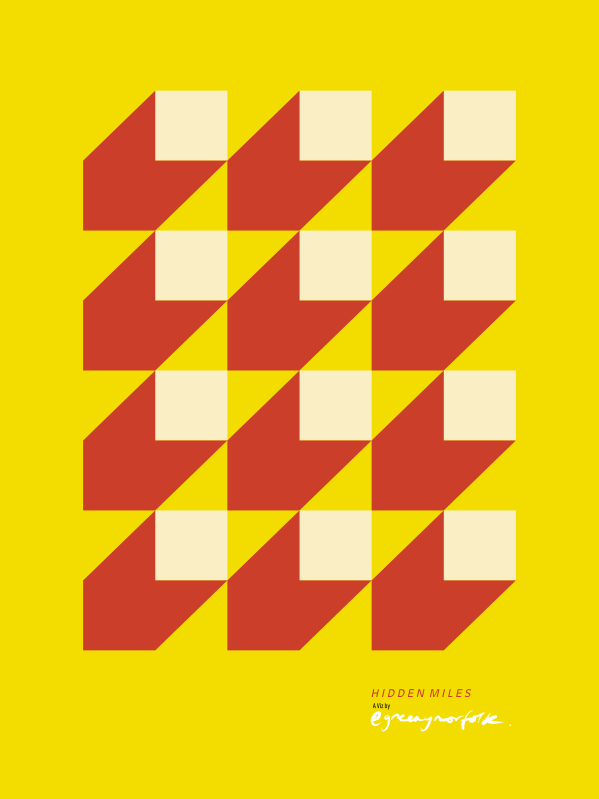 Bright yellow Bauhaus composition of repeated interlocking red and cream geometric forms.