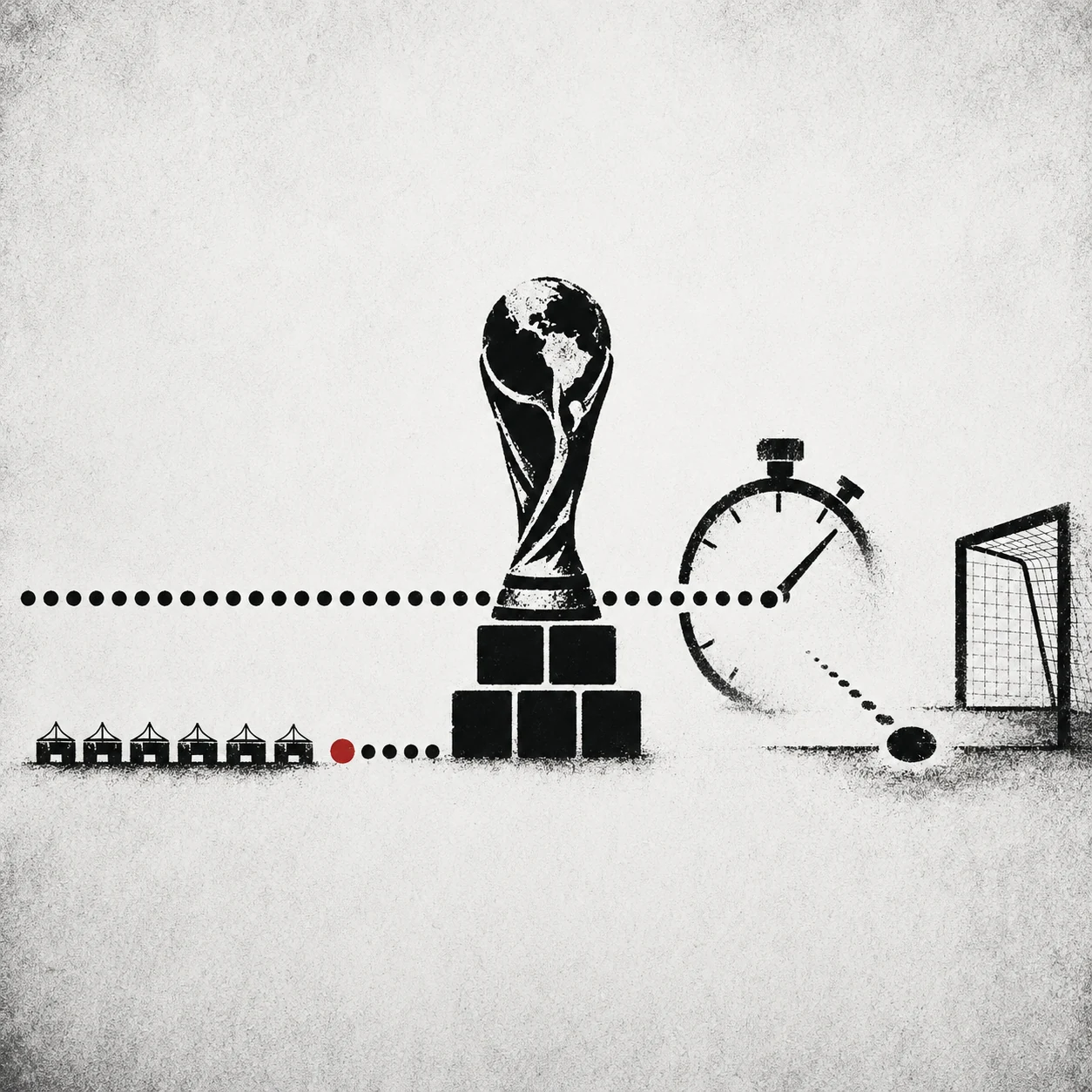 Black-and-white stencil illustration combining the World Cup trophy, a stopwatch, a goal and a timeline, with one red dot.